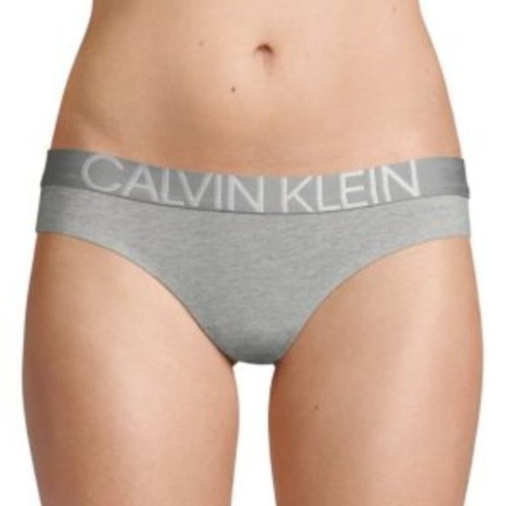 Calvin Klein Women’s Grey Bikini Panty – Thick Logo Waistband, Size L/G